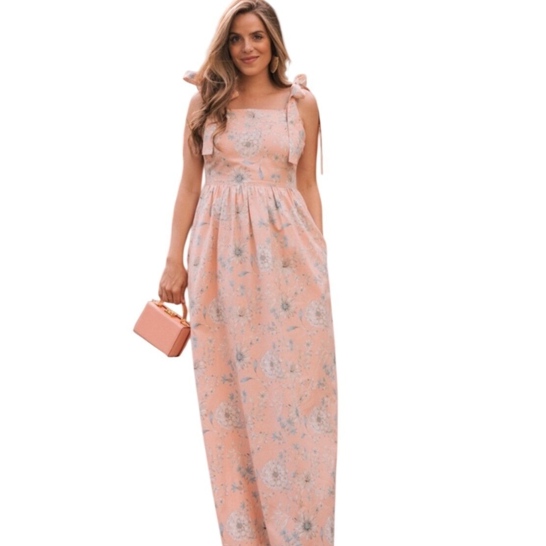 Gal Meets Glam Anthropologie Peach Floral Tie Shoulder Maxi Dress Pockets Sz 10